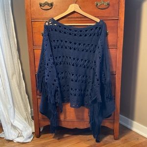 Navy fringe shawl sweater